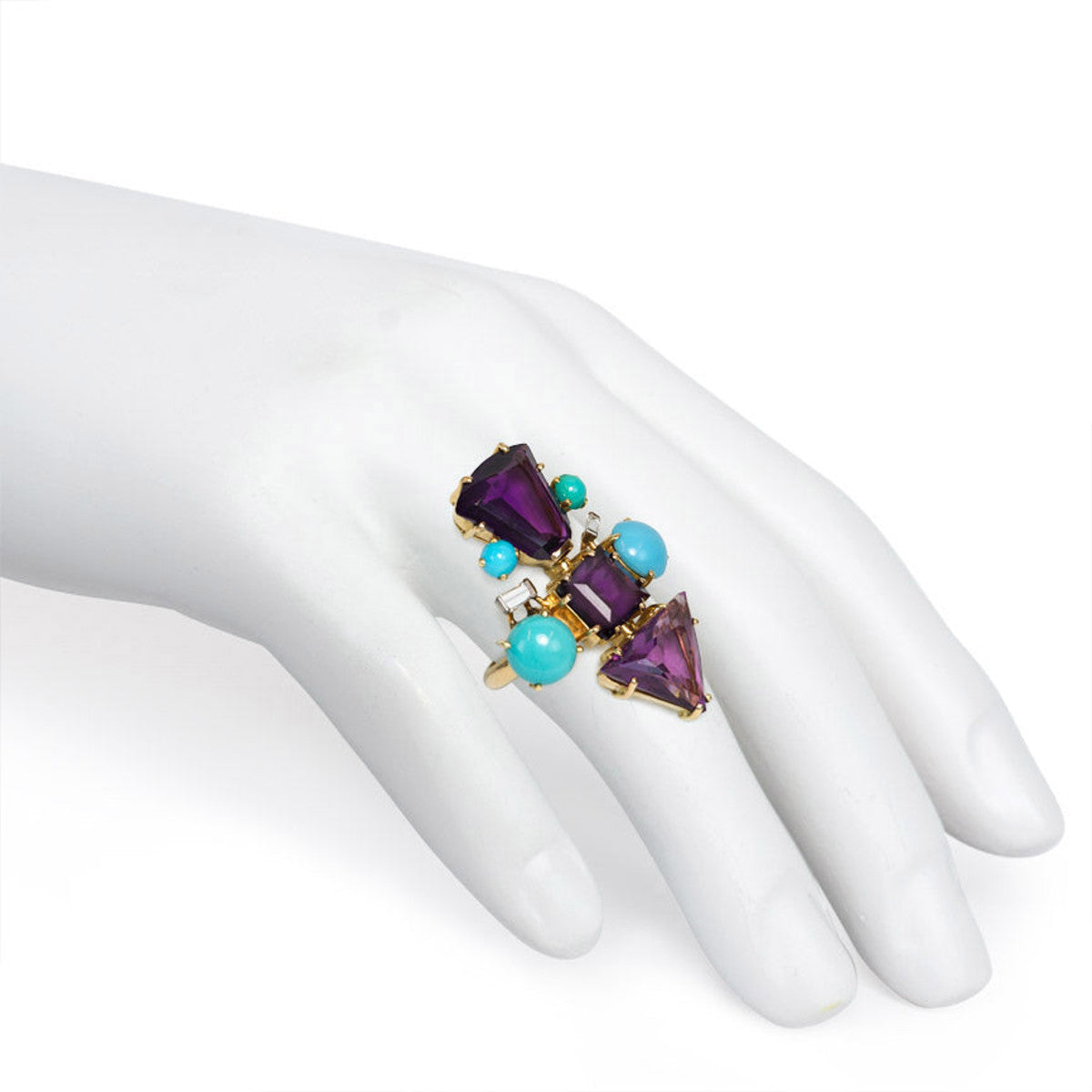 French 1950s 18KT Yellow Gold Amethyst, Diamond & Turquoise Ring on finger