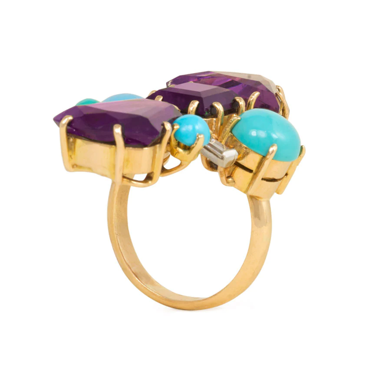 French 1950s 18KT Yellow Gold Amethyst, Diamond & Turquoise Ring top view