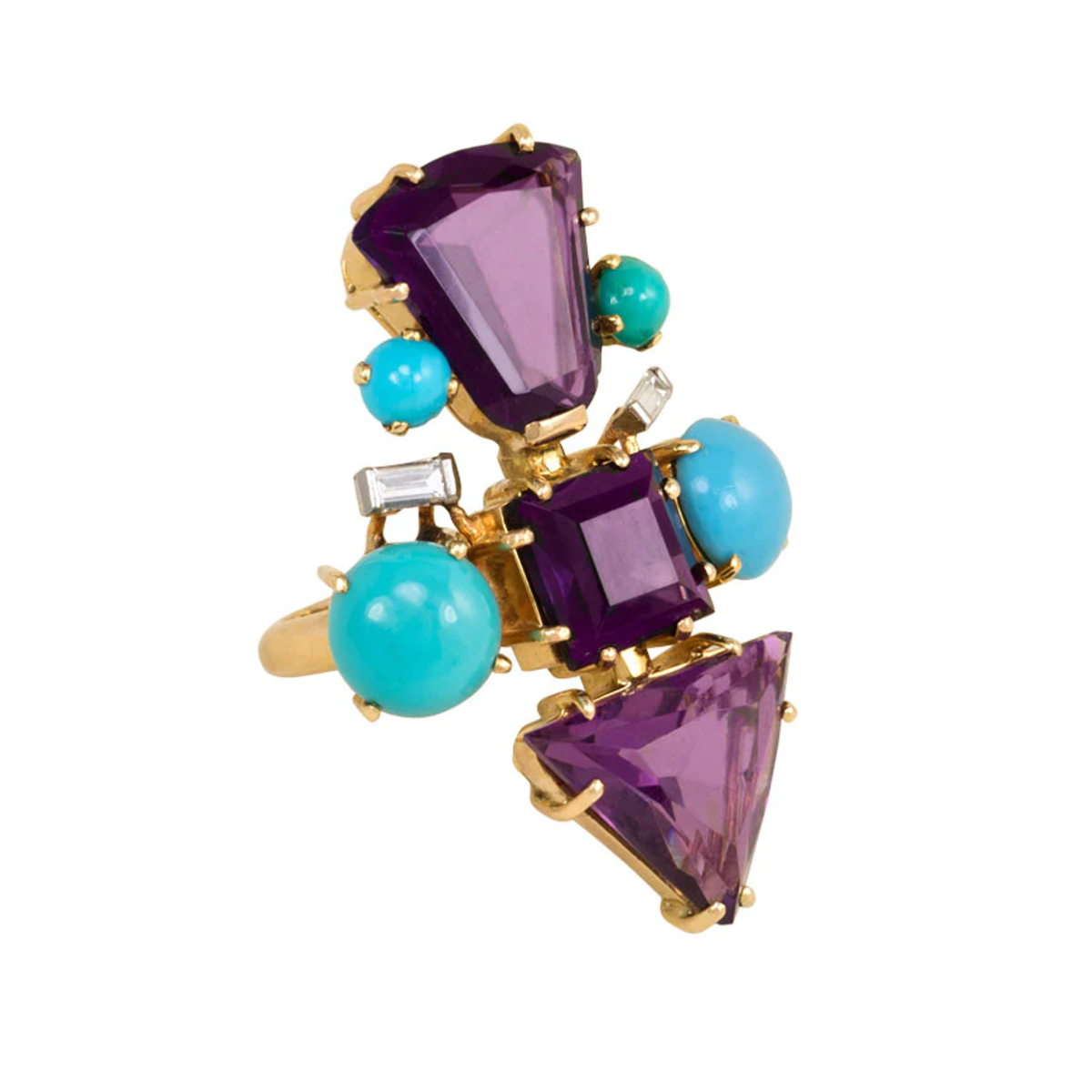 French 1950s 18KT Yellow Gold Amethyst, Diamond & Turquoise Ring side view