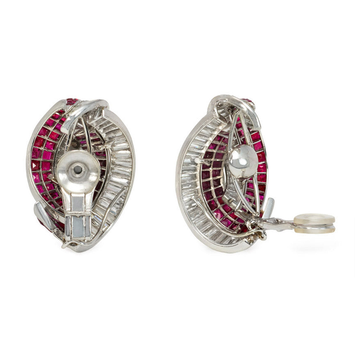 Retro Platinum Invisibly Set Ruby & Diamond Stylized Knot Earrings side and back view