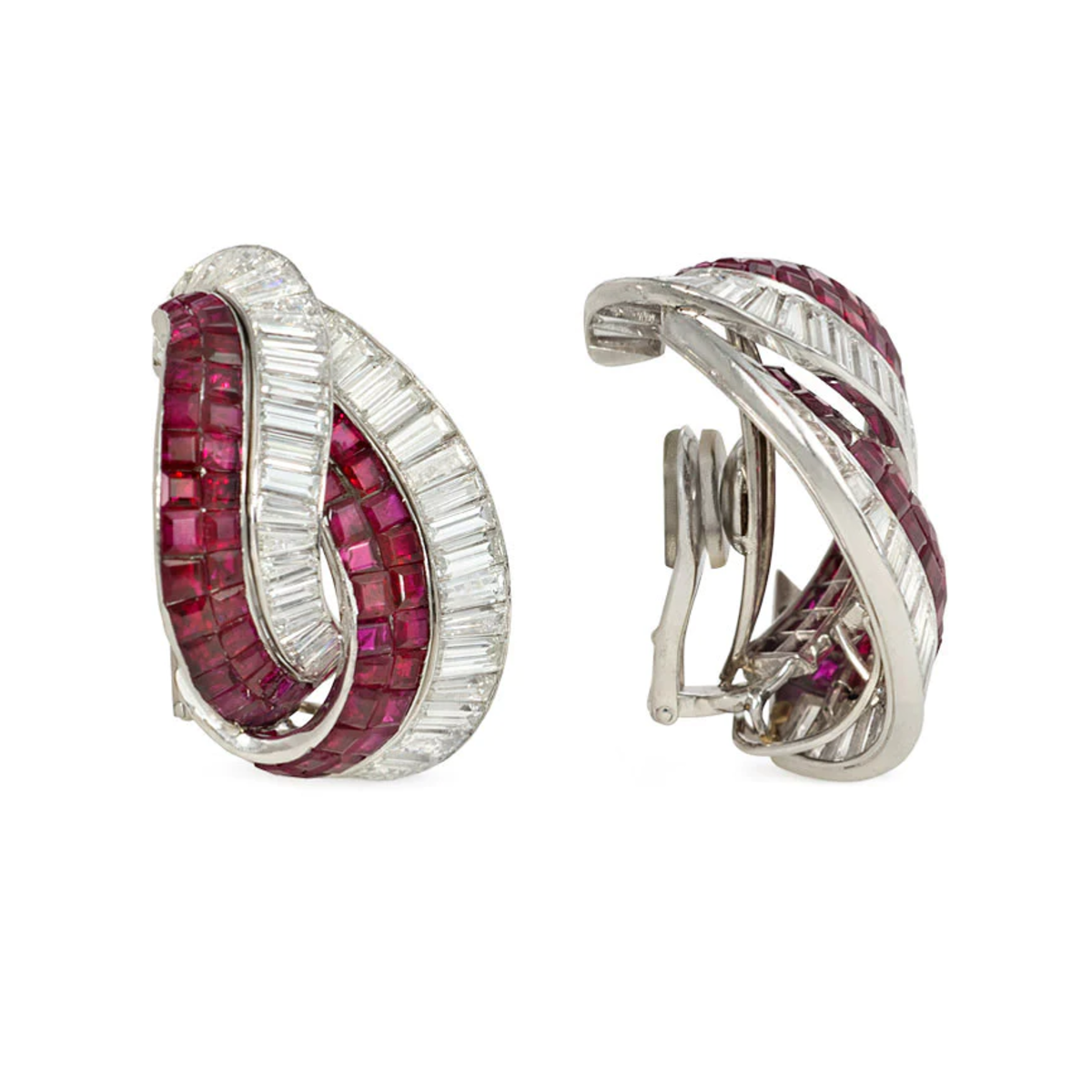 Retro Platinum Invisibly Set Ruby & Diamond Stylized Knot Earrings side and front view