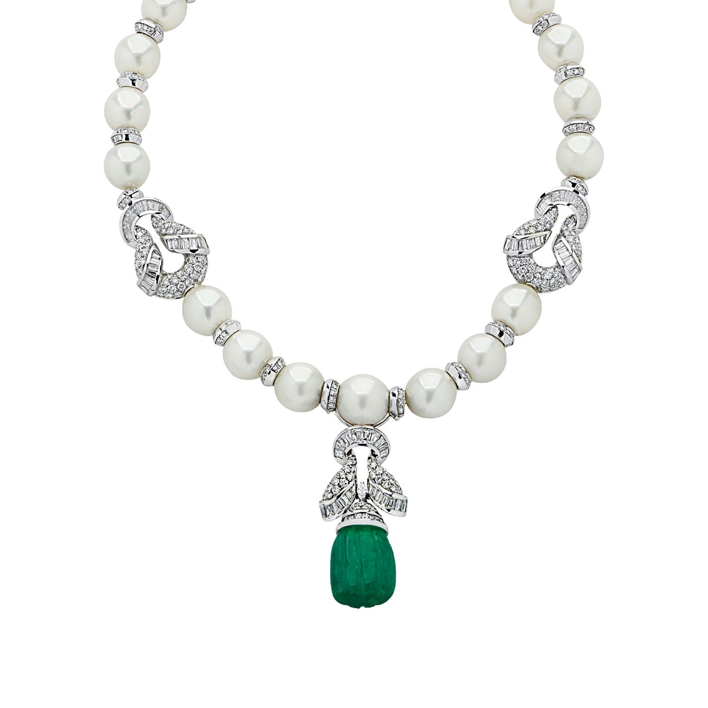 Piranesi Italy 1980s Platinum Emerald, Diamond & Cultured Pearl Necklace front view