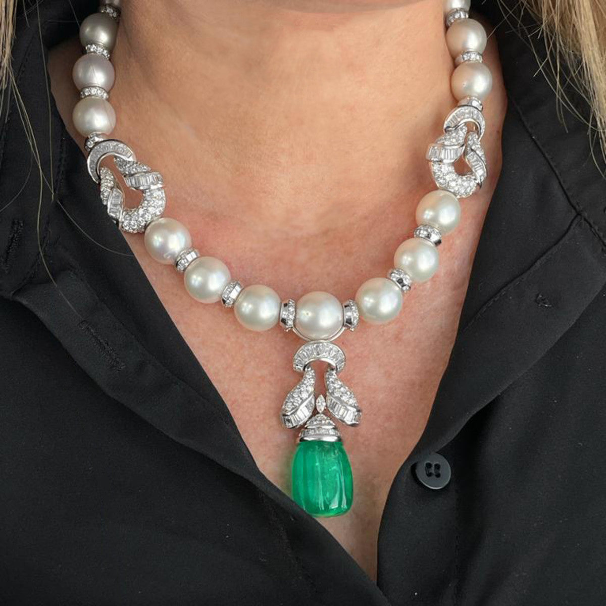 Piranesi Italy 1980s Platinum Emerald, Diamond & Cultured Pearl Necklace worn on neck