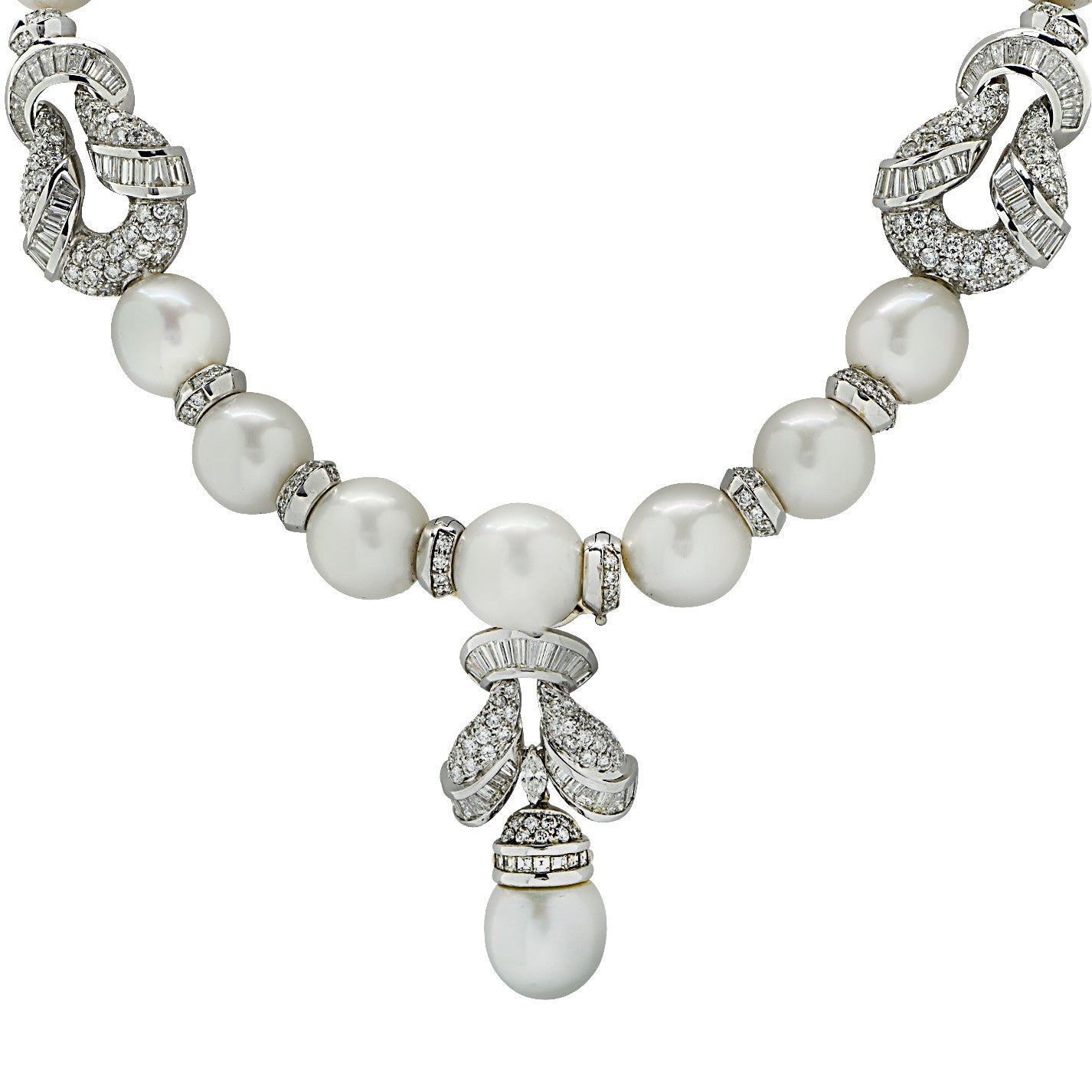 Piranesi Italy 1980s Platinum Emerald, Diamond & Cultured Pearl Necklace with pearl pendant
