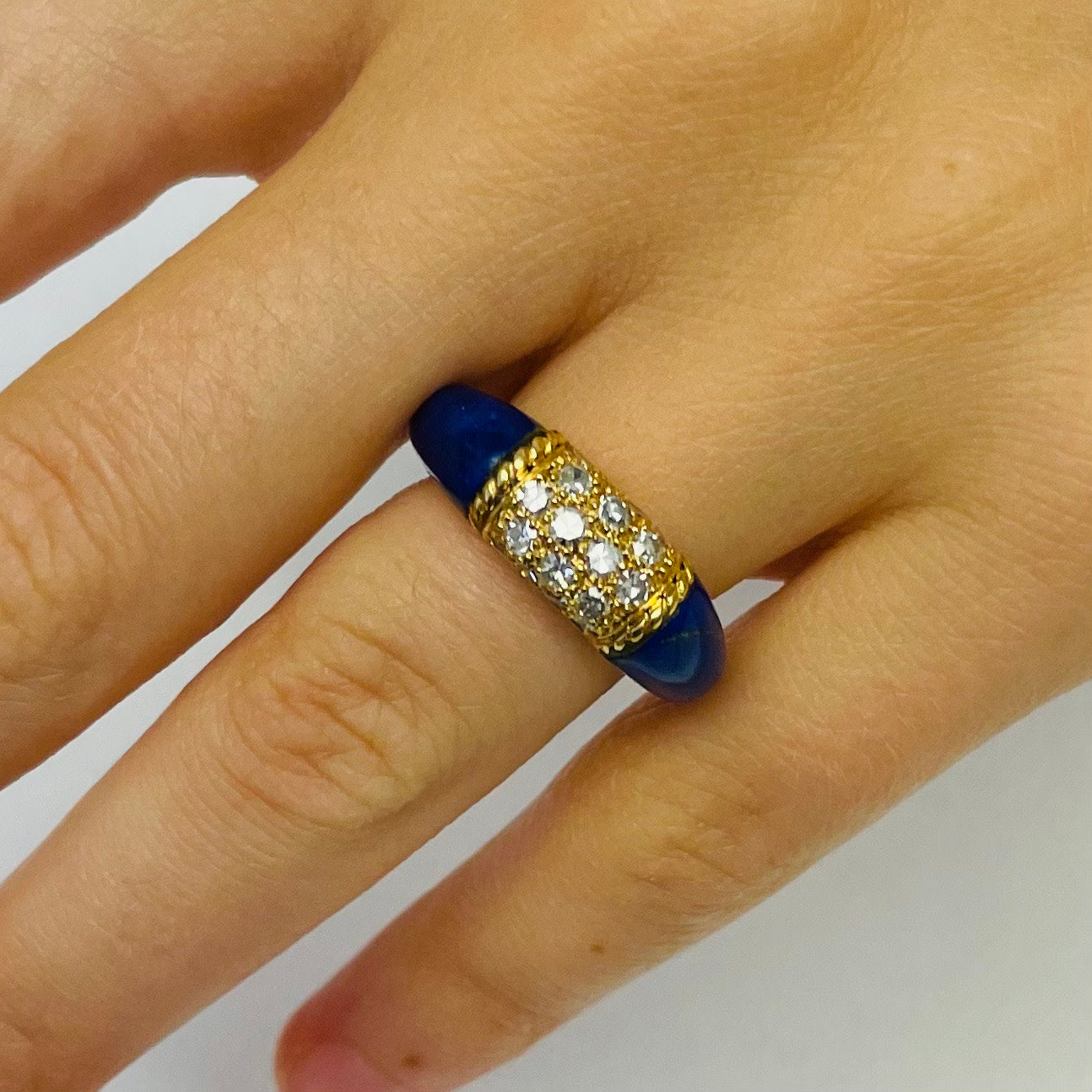 Van Cleef & Arpels 1970s 18KT Yellow Gold Lapis Lazuli & Diamond Ring worn on finger