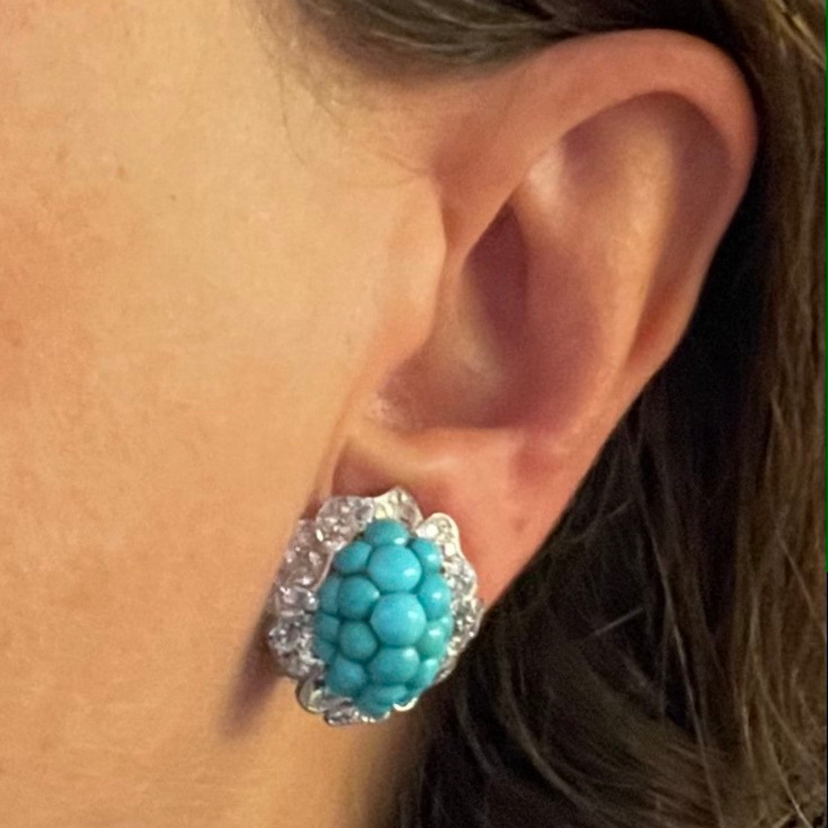 Wilm German 1950s Platinum Turquoise & Diamond Cluster Earrings on ear