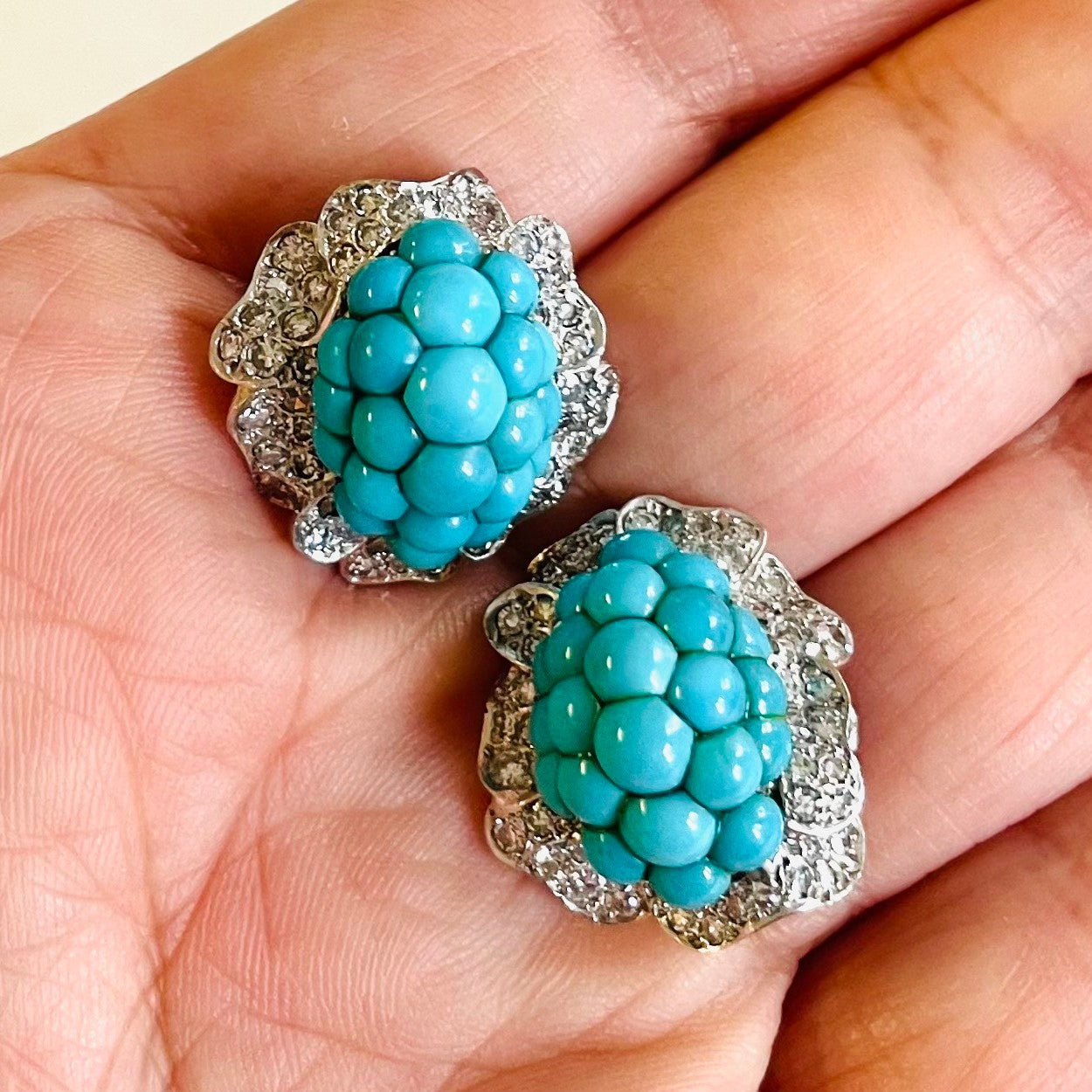 Wilm German 1950s Platinum Turquoise & Diamond Cluster Earrings in hand
