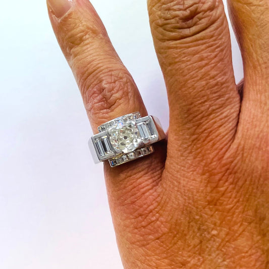 French Art Deco Platinum Diamond Ring on finger