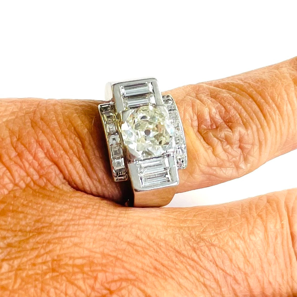French Art Deco Platinum Diamond Ring on finger