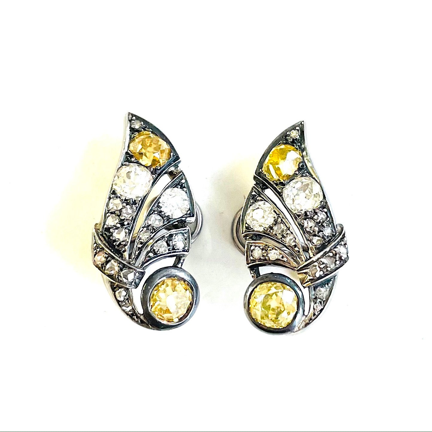 1930s Silver Yellow & White Diamond Earrings front