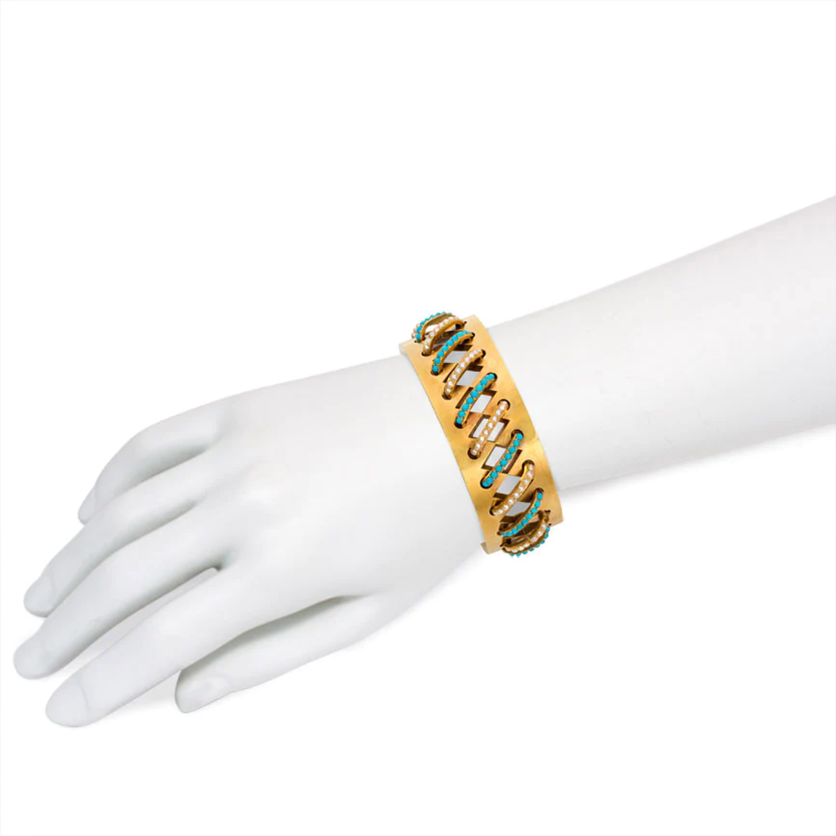 Victorian 18KT Yellow Gold Turquoise & Natural Pearl Bracelet on wrist