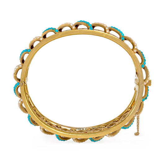 Victorian 18KT Yellow Gold Turquoise & Natural Pearl Bracelet top