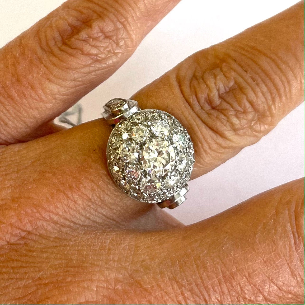 French 1940s Platinum Diamond Ring on finger