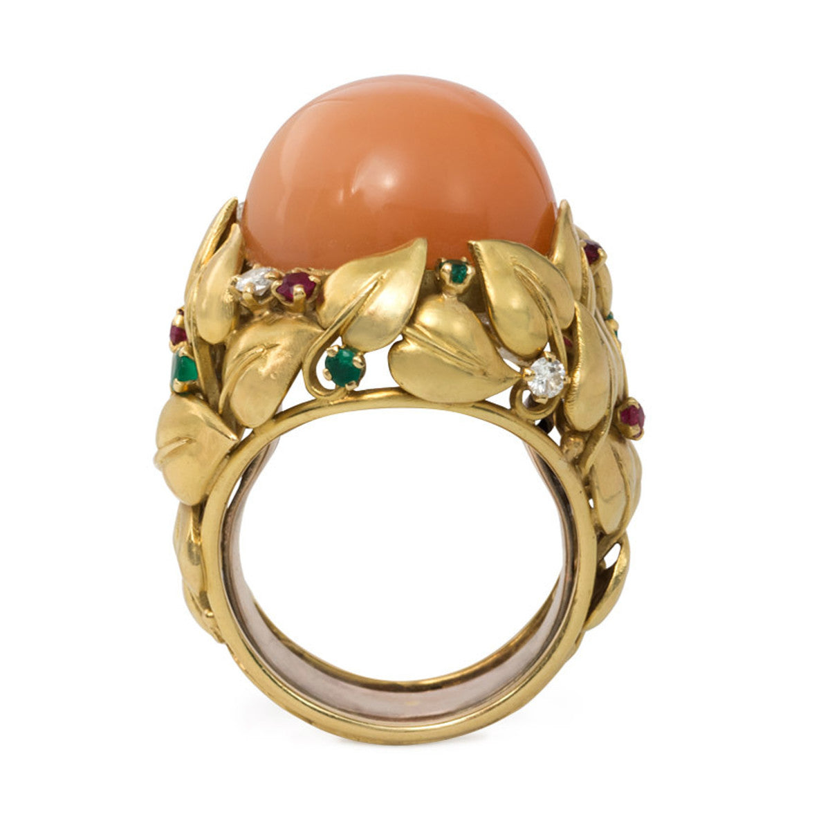 1950s 18KT Yellow Gold Moonstone, Diamond, Emerald & Ruby Cocktail Ring profile