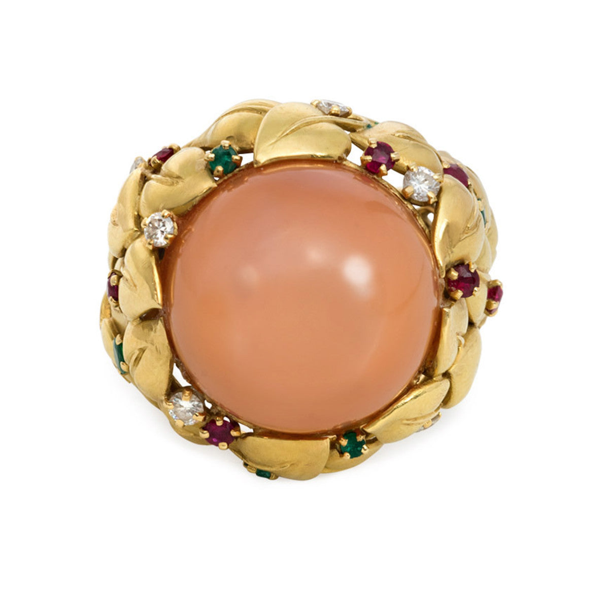 1950s 18KT Yellow Gold Moonstone, Diamond, Emerald & Ruby Cocktail Ring front