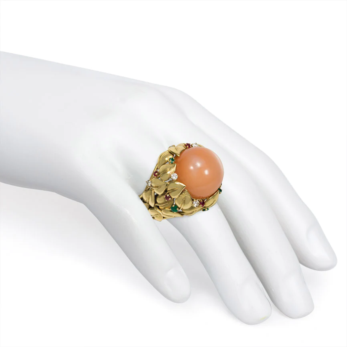 1950s 18KT Yellow Gold Moonstone, Diamond, Emerald & Ruby Cocktail Ring on finger