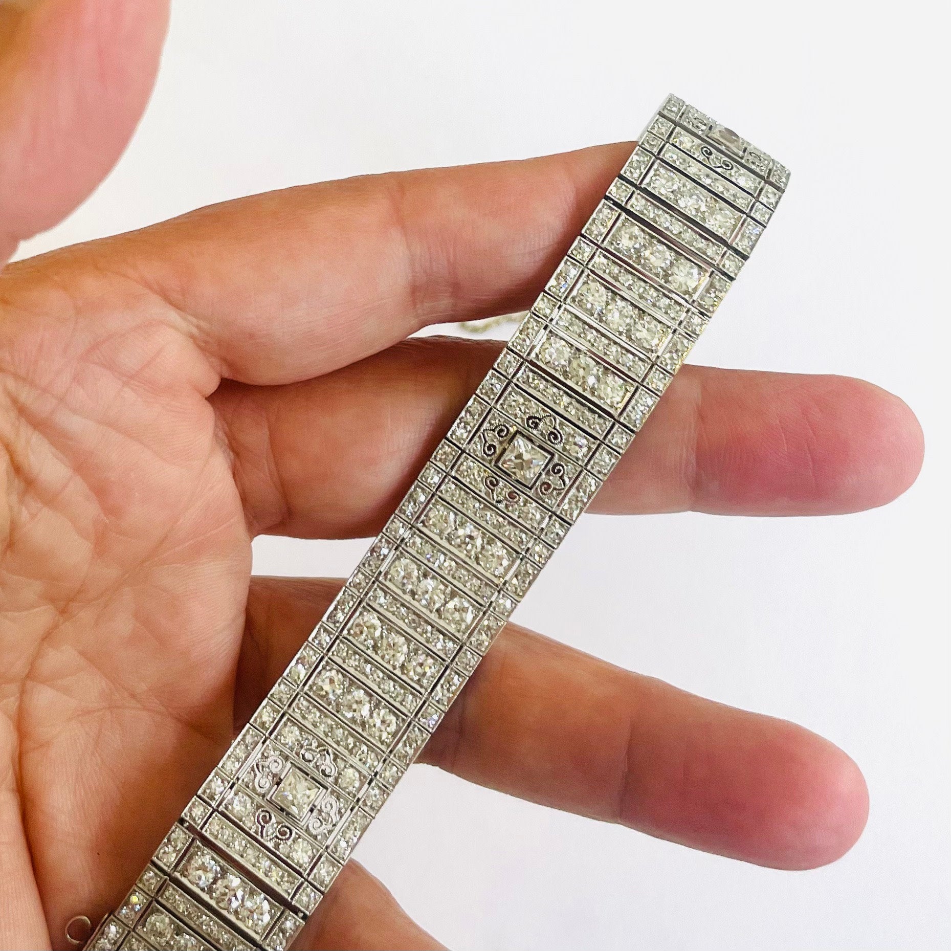 Art Deco Platinum Diamond Bracelet in hand