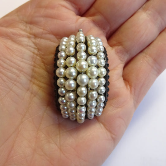 Suzanne Belperron & Rene Boivin 1930s Silver Natural Pearl & Enamel Brooch in hand