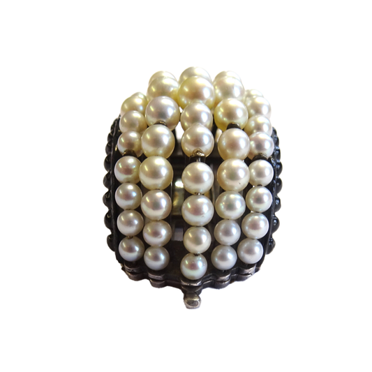 Suzanne Belperron & Rene Boivin 1930s Silver Natural Pearl & Enamel Brooch front