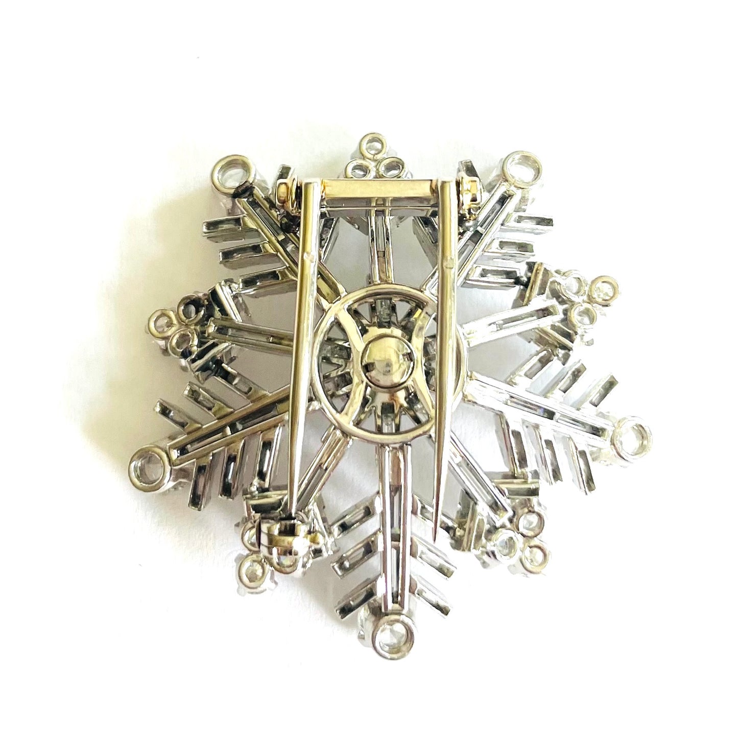 French 1960s Platinum Diamond Snowflake Brooch back