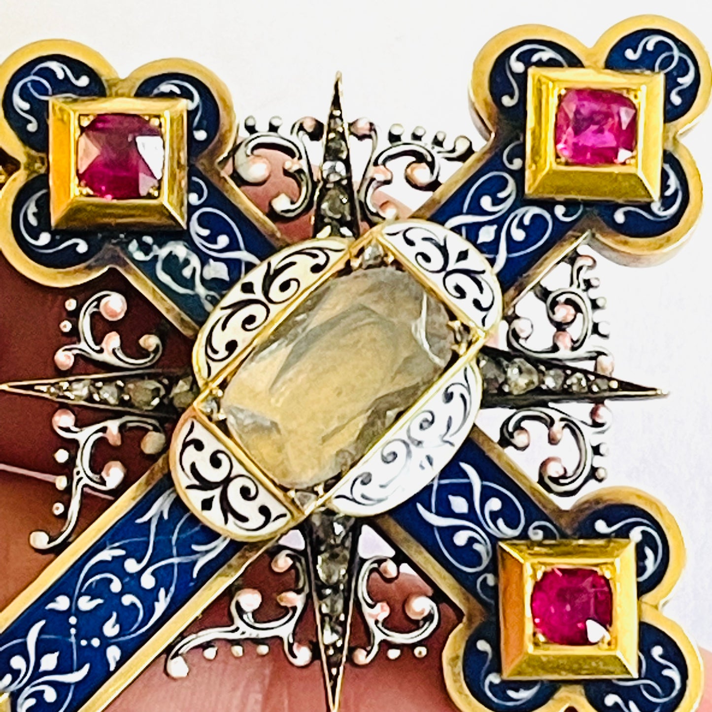 French Victorian 18KT Yellow Gold Diamond, Enamel & Ruby Cross Pendant Brooch close-up details