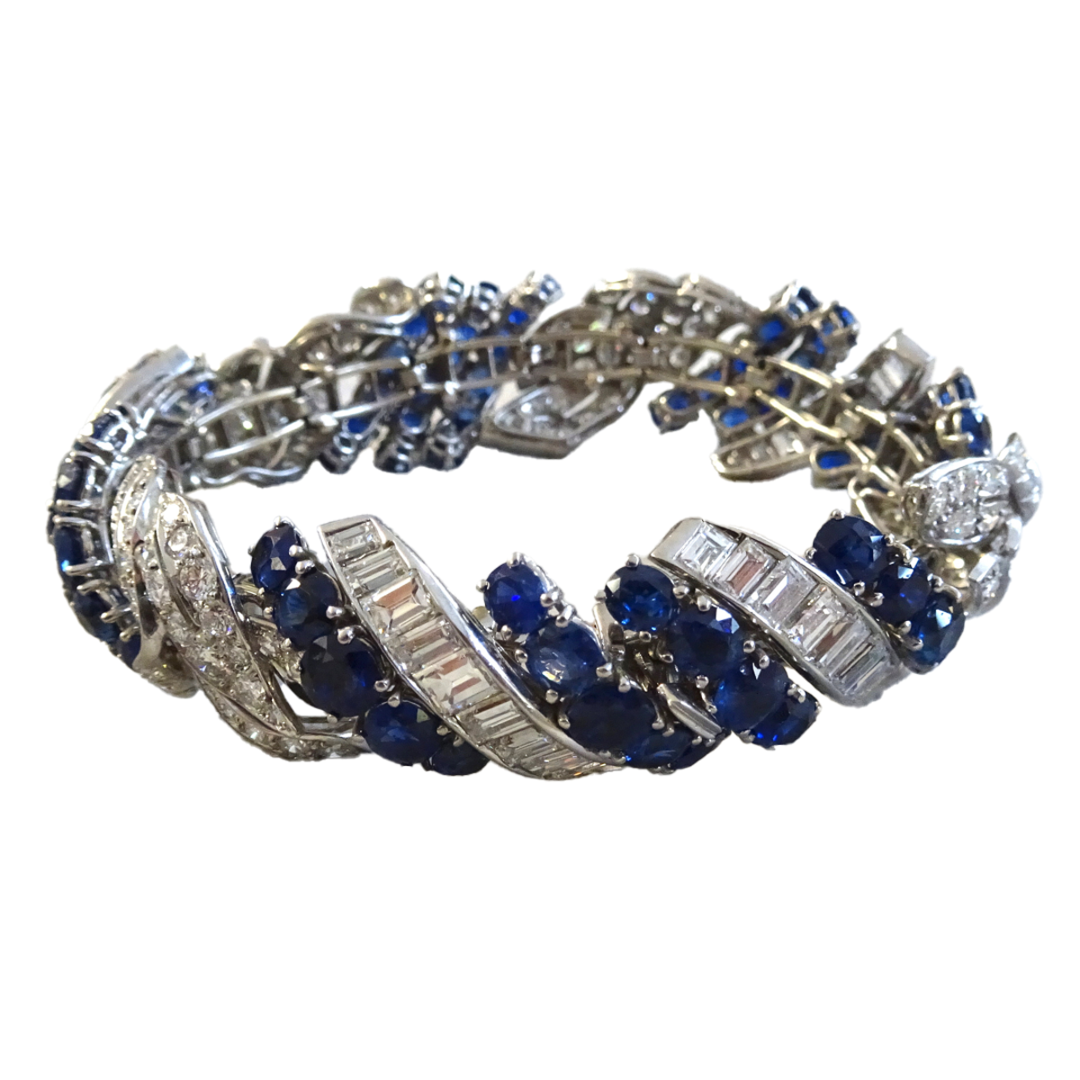 1940s Platinum Diamond & Blue Sapphire Bracelet front