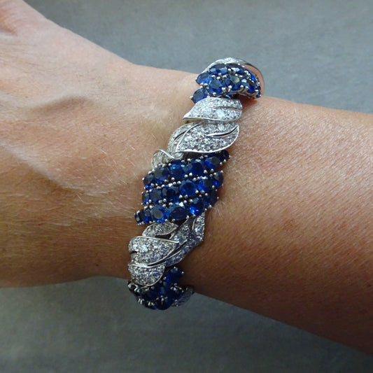 1940s Platinum Diamond & Blue Sapphire Bracelet on wrist