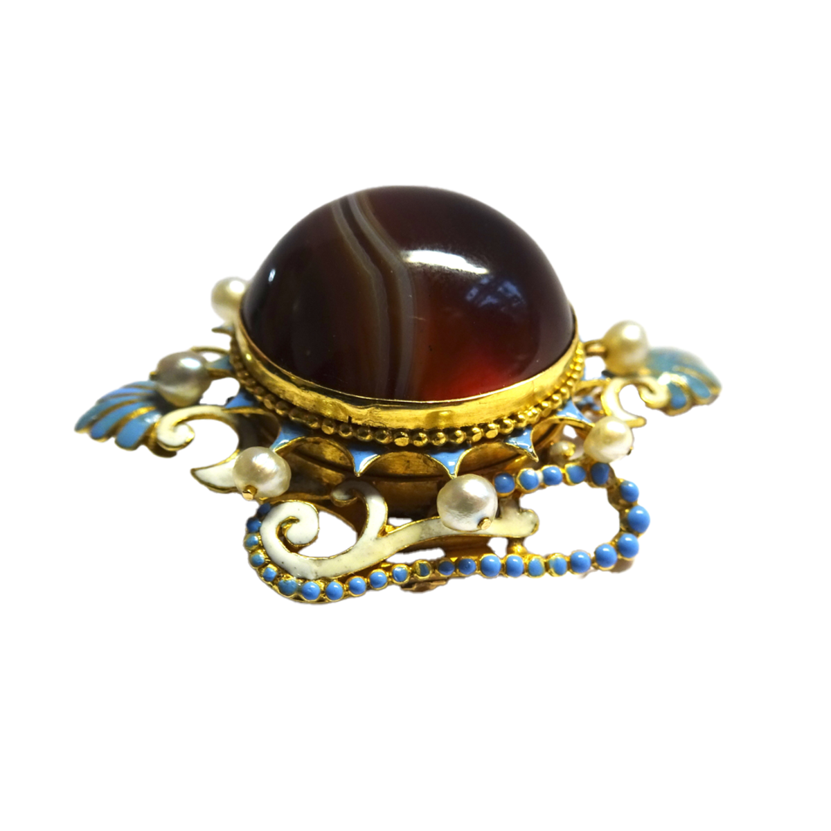 Antique 18KT Yellow Gold Carnelian Agate, Enamel & Natural Pearl Brooch profile