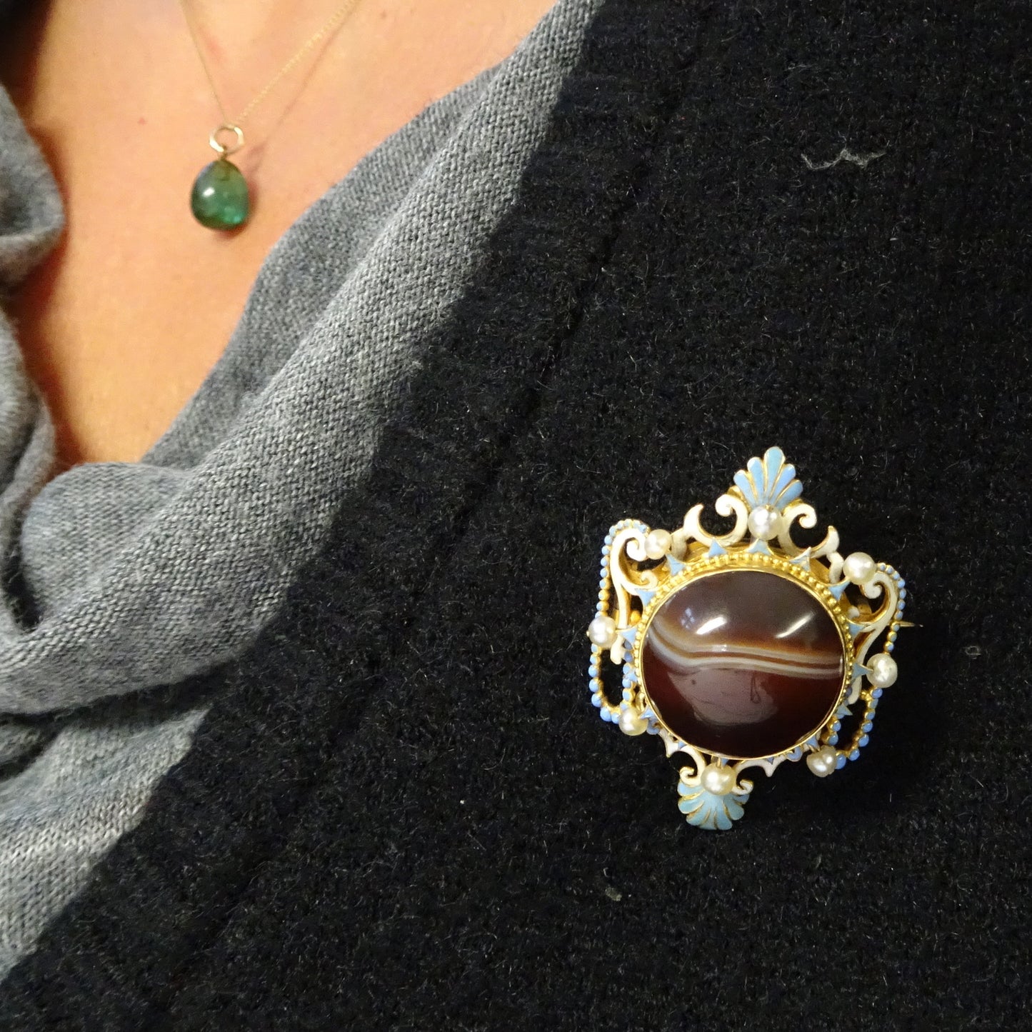 Antique 18KT Yellow Gold Carnelian Agate, Enamel & Natural Pearl Brooch on blouse