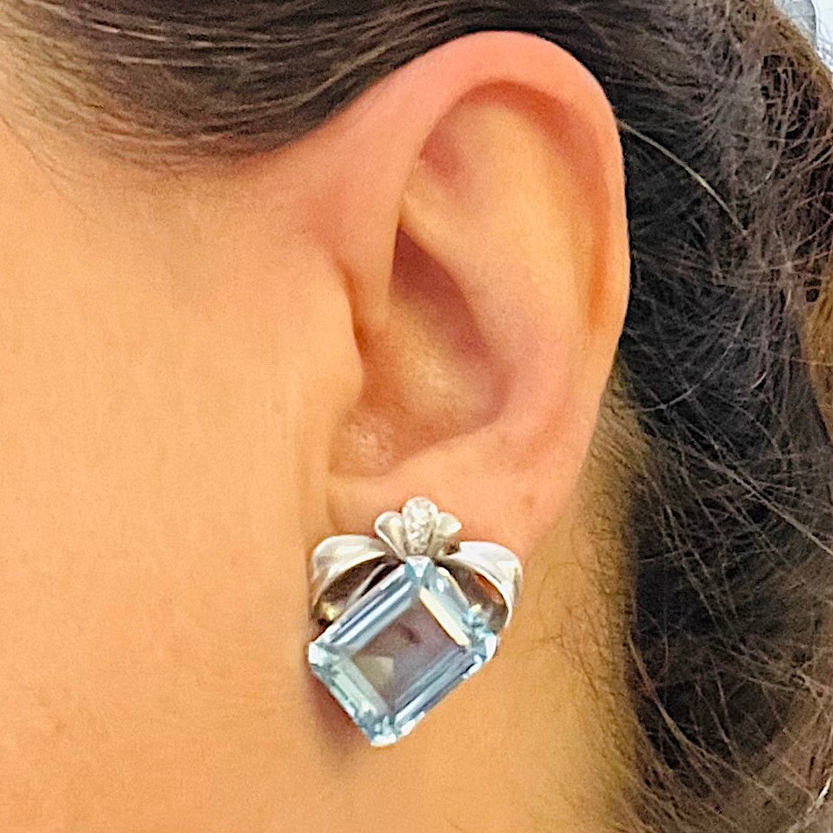 1950s 18KT White Gold Aquamarine & Diamond Earrings on ear