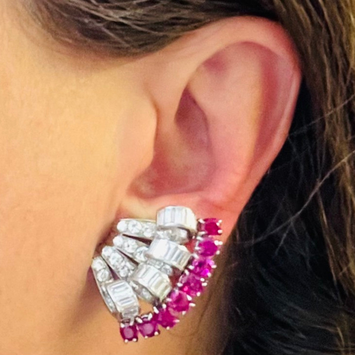 1960s Platinum Ruby & Diamond Earrings worn on ear