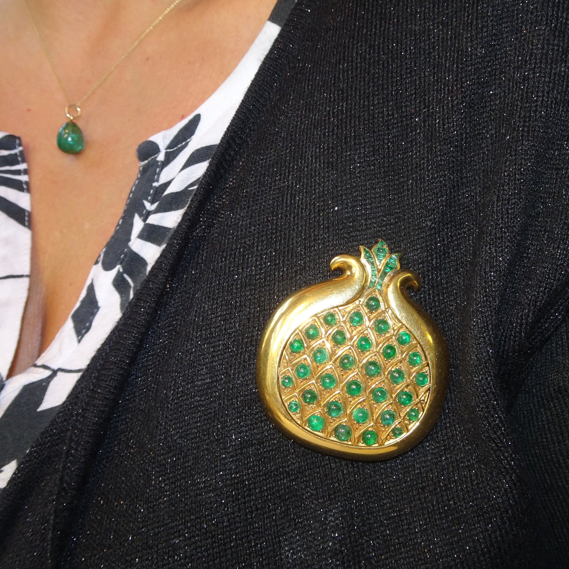 Rene Boivin 1930s 18KT Yellow Gold Emerald Pomegranate Brooch worn on blouse