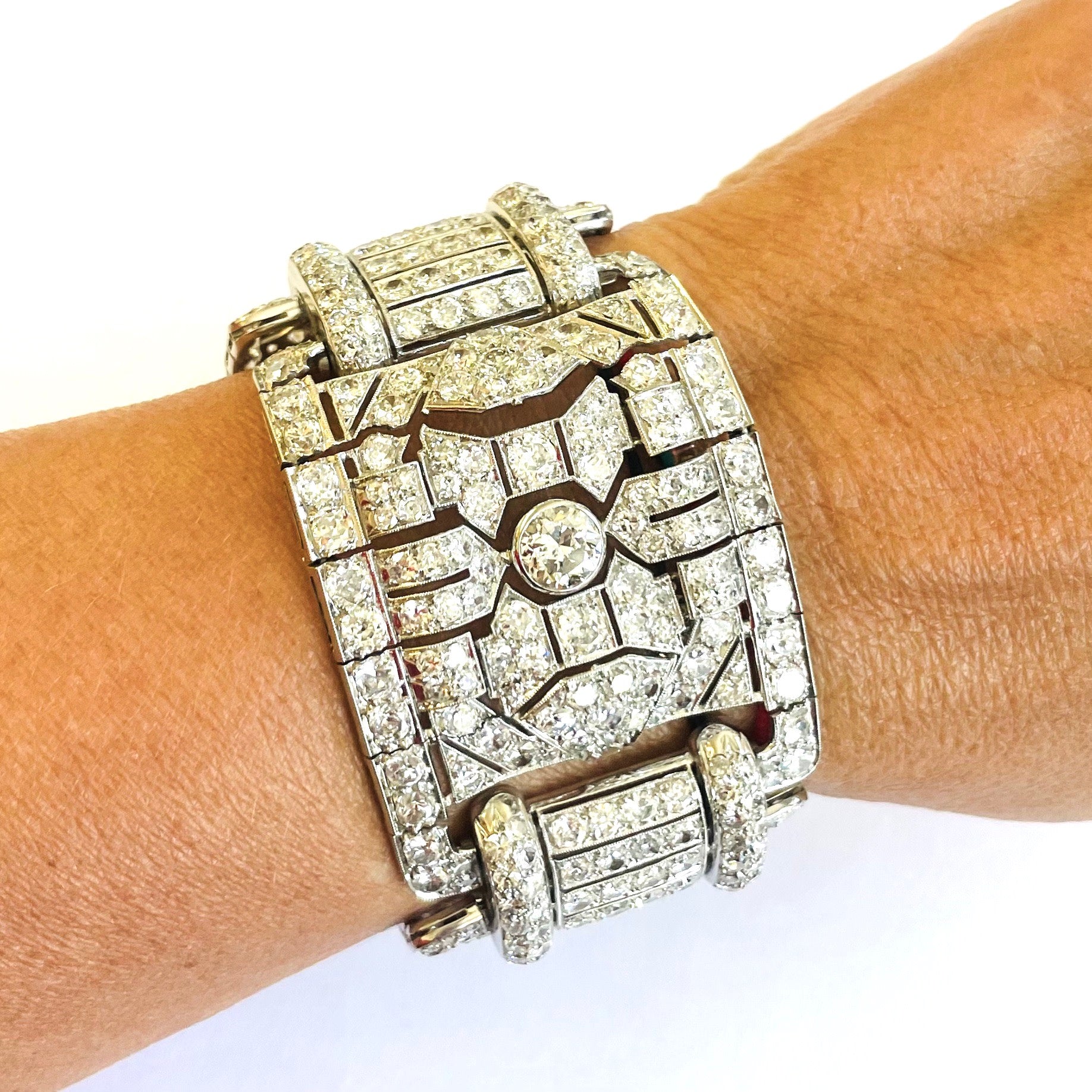 Leopoldo Janesich French Art Deco Platinum & 18KT Yellow Gold Diamond Wide Bracelet on wrist