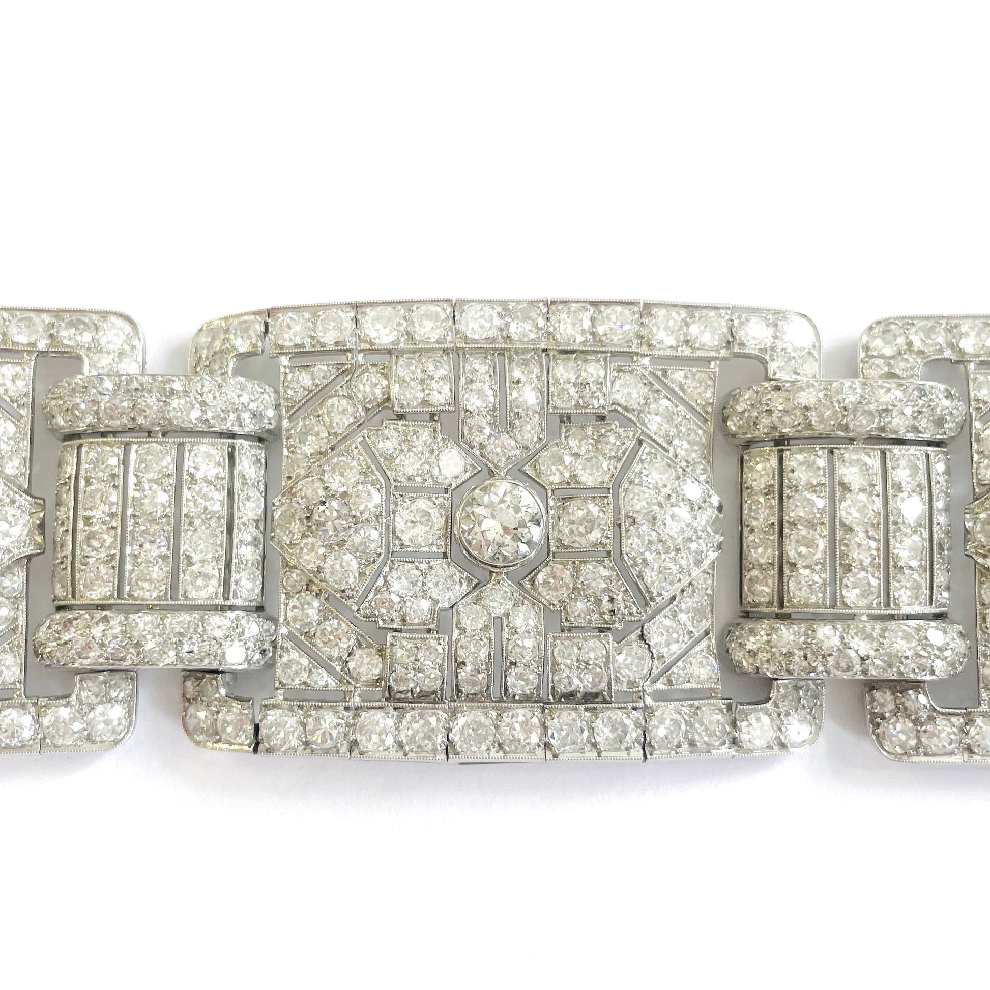 Leopoldo Janesich French Art Deco Platinum & 18KT Yellow Gold Diamond Wide Bracelet close-up details
