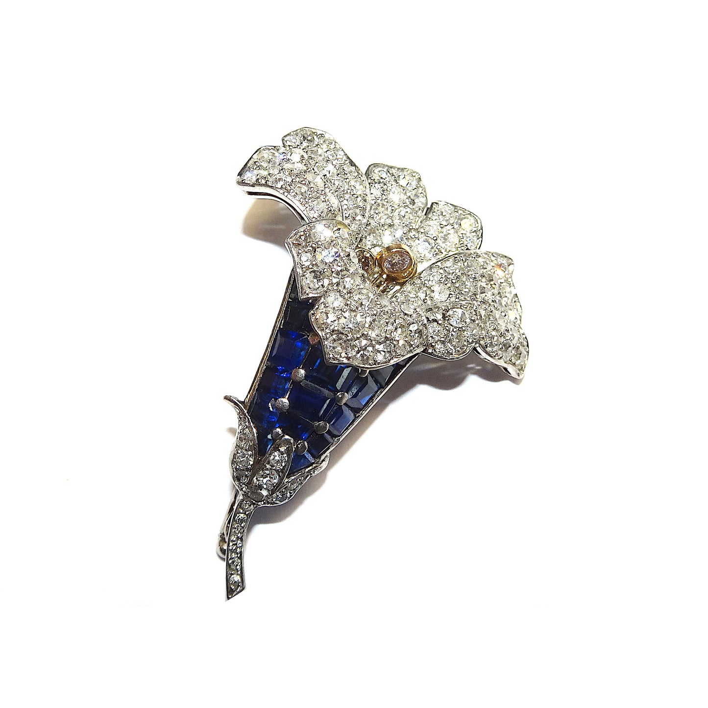 1950s Platinum Diamond & Sapphire Gentian Brooch front