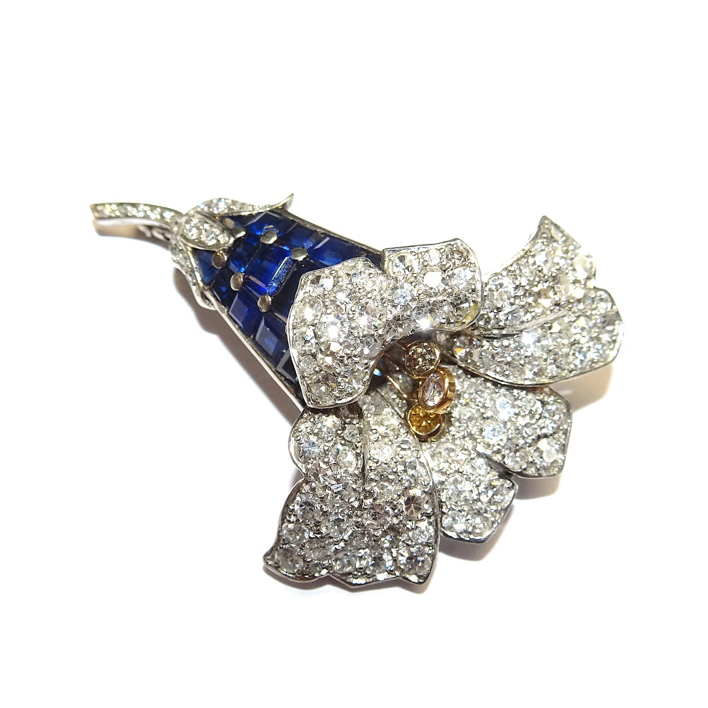 1950s Platinum Diamond & Sapphire Gentian Brooch top