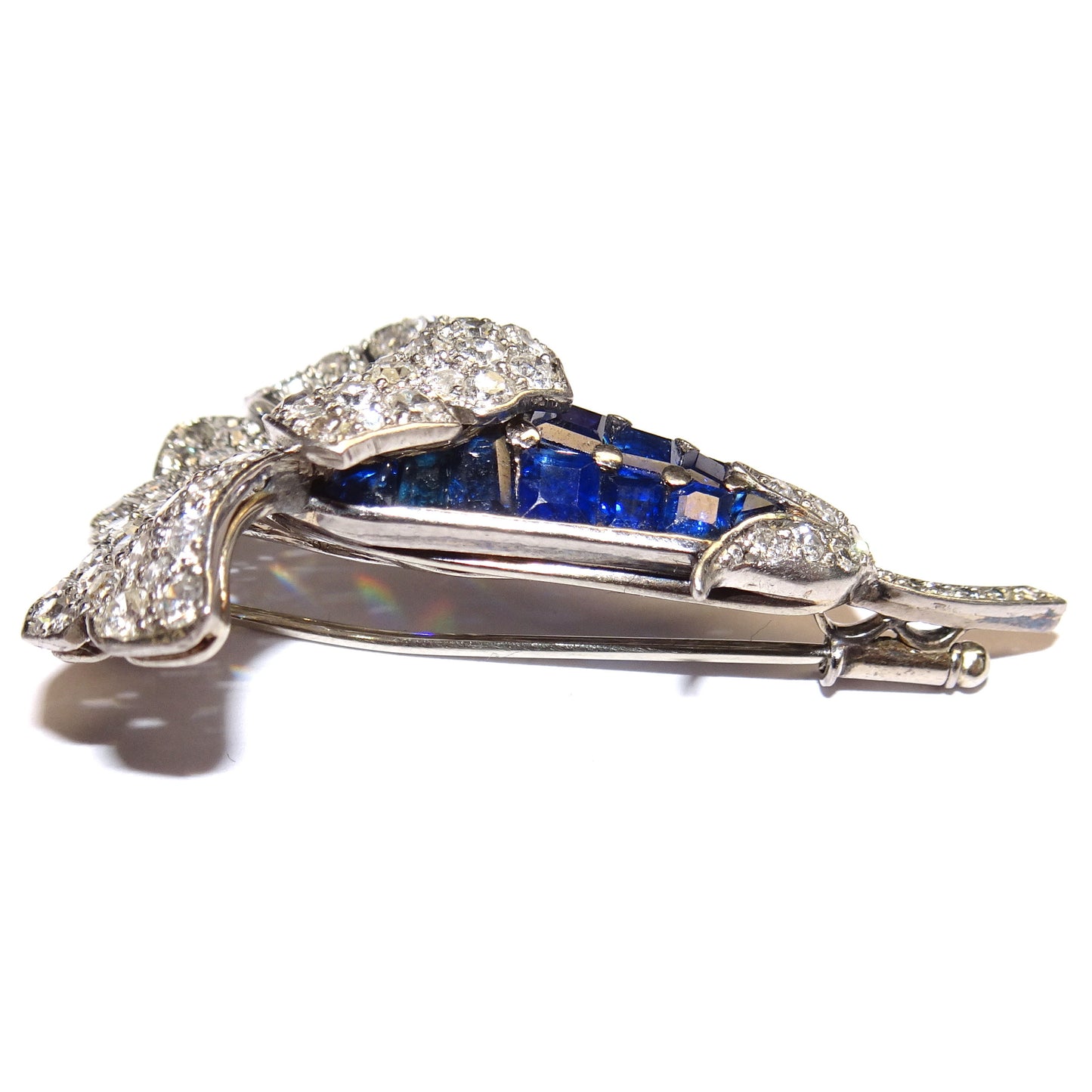 1950s Platinum Diamond & Sapphire Gentian Brooch side