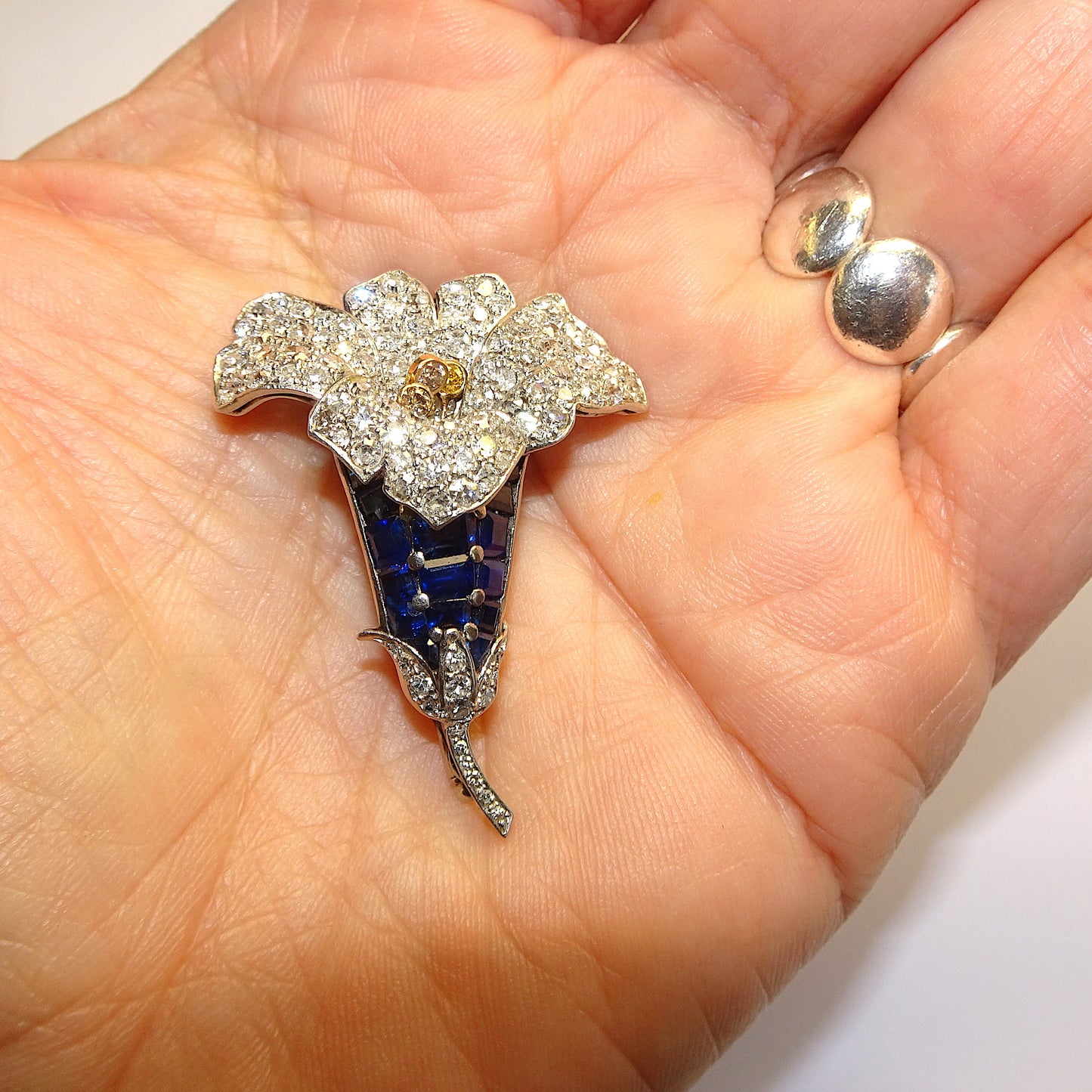 1950s Platinum Diamond & Sapphire Gentian Brooch in hand