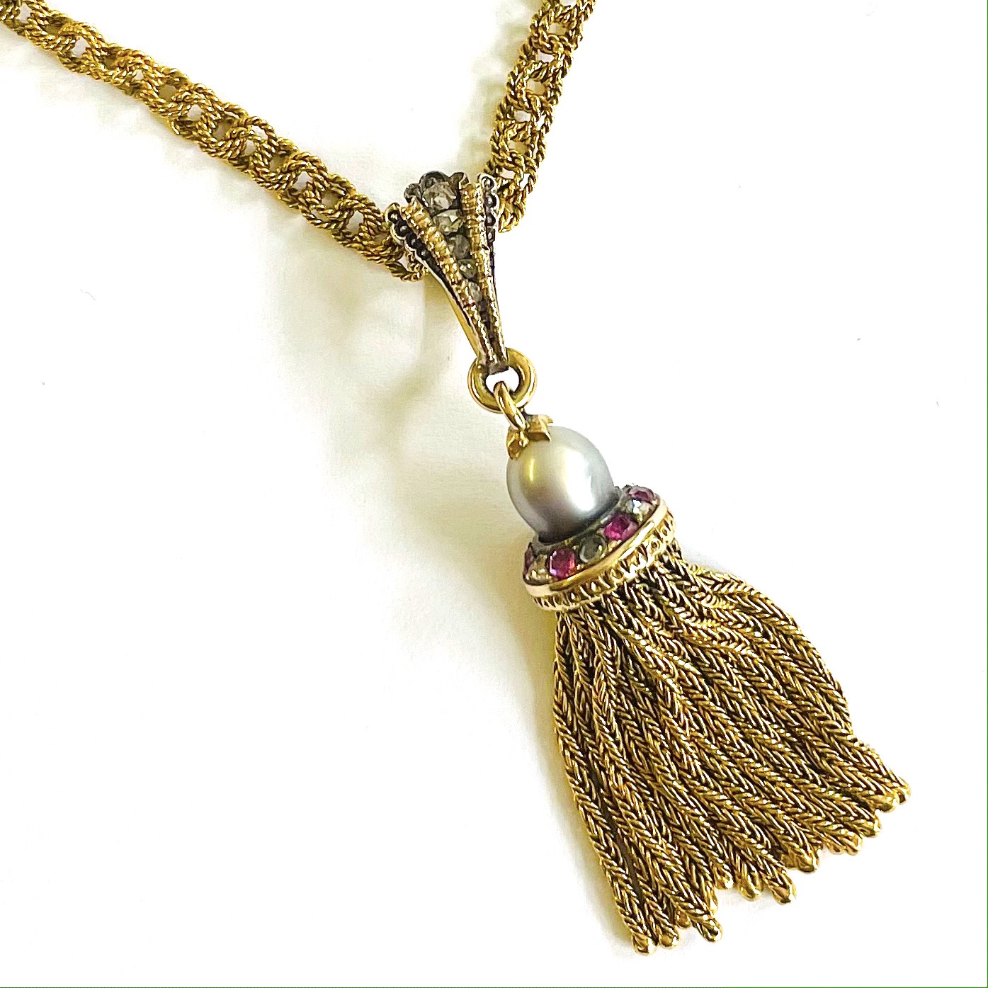 French Antique 18KT Yellow Gold Natural Pearl, Diamond & Ruby Tassel Pendant Necklace front of tassel