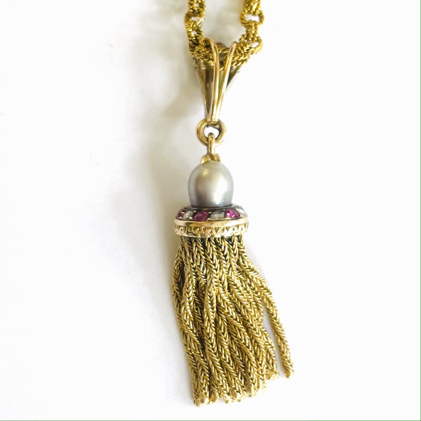 French Antique 18KT Yellow Gold Natural Pearl, Diamond & Ruby Tassel Pendant Necklace front
