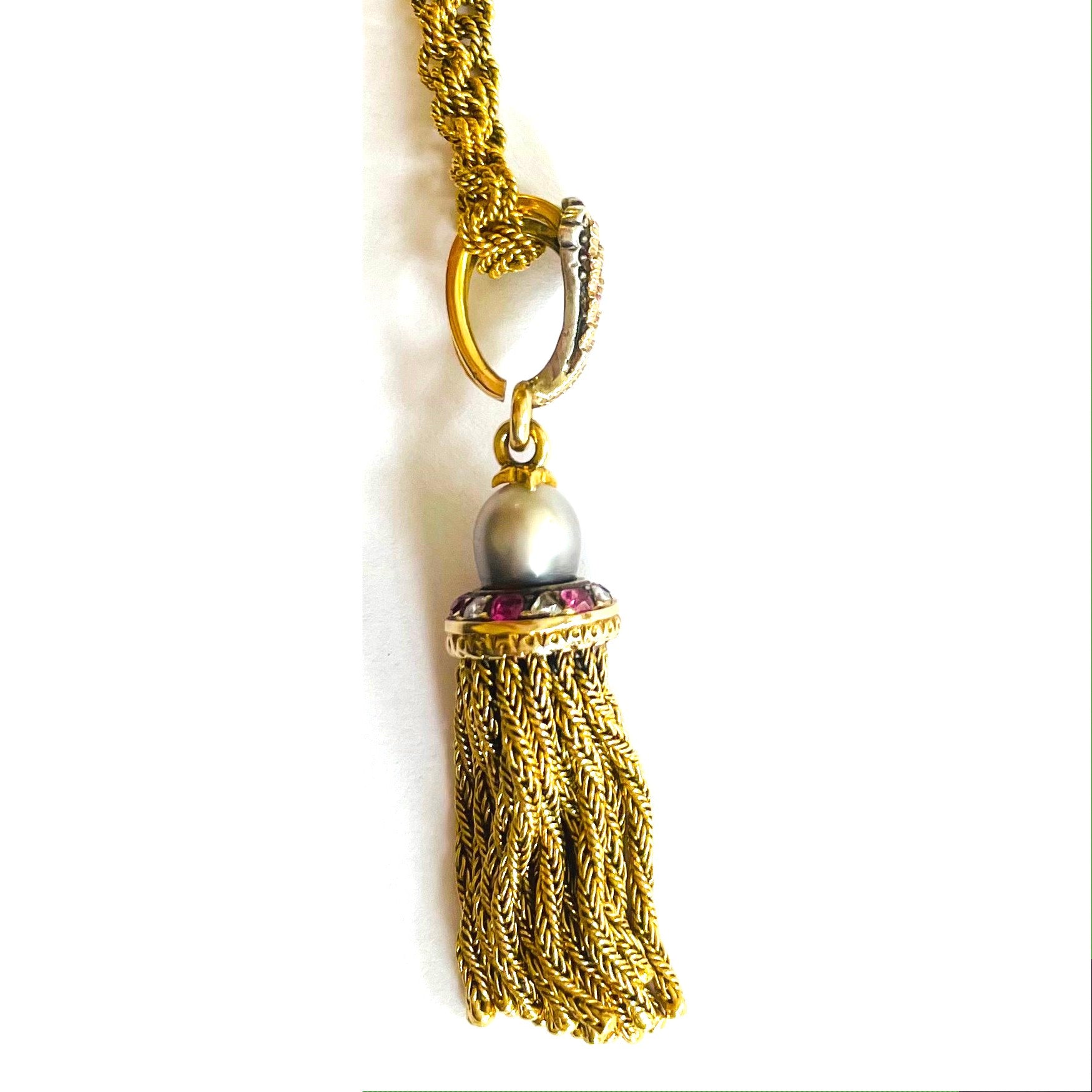 French Antique 18KT Yellow Gold Natural Pearl, Diamond & Ruby Tassel Pendant Necklace side
