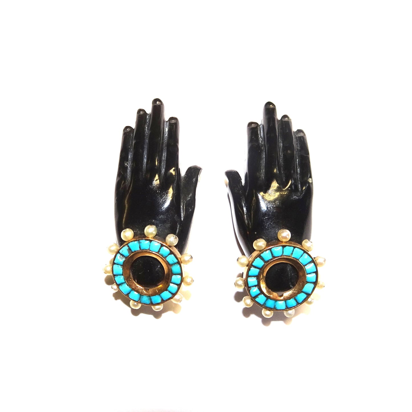 Rene Boivin French 1930s 18KT Yellow Gold Black Coral, Natural Pearl & Turquoise Hand Brooches front
