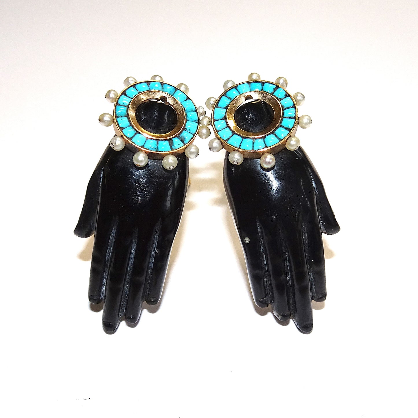 Rene Boivin French 1930s 18KT Yellow Gold Black Coral, Natural Pearl & Turquoise Hand Brooches front