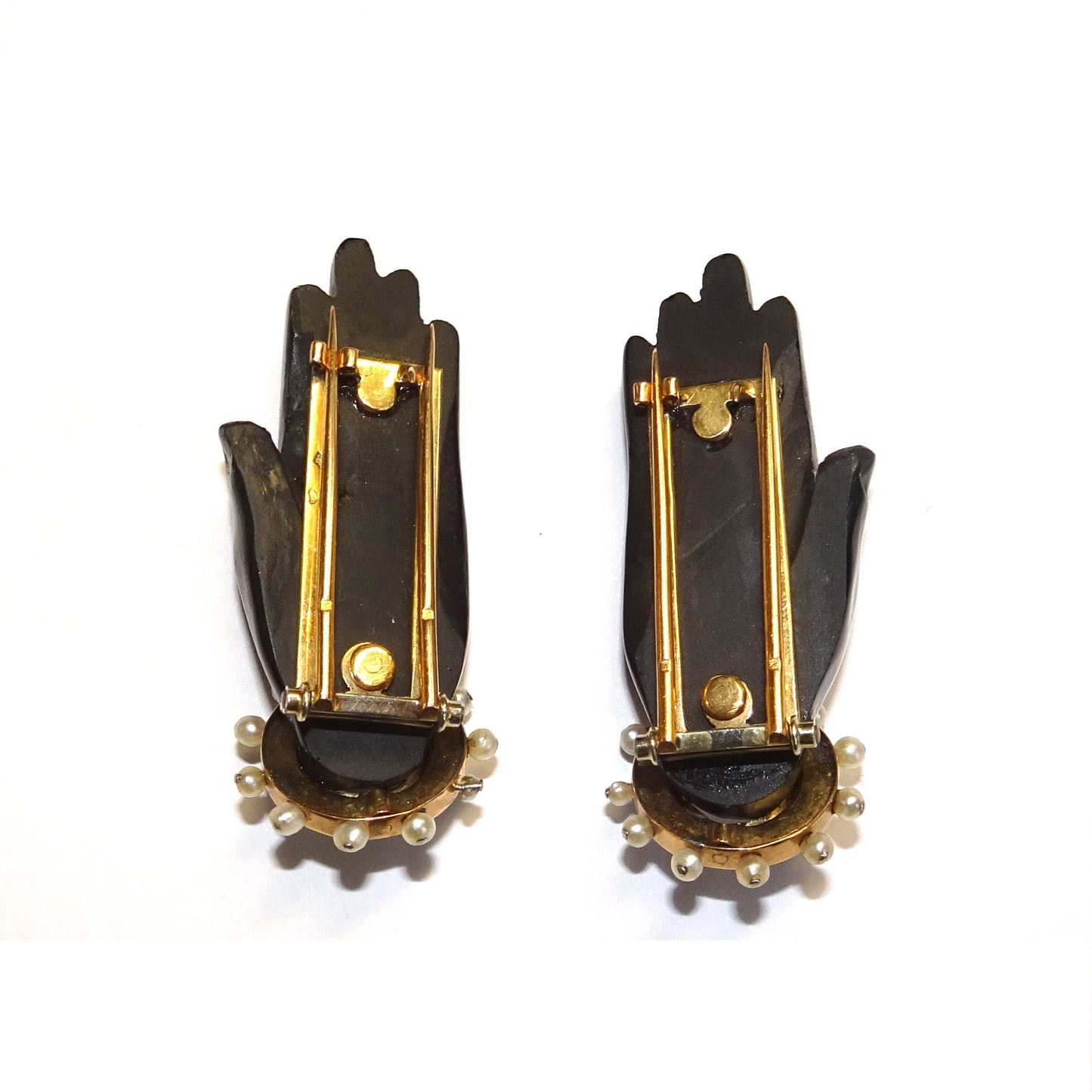 Rene Boivin French 1930s 18KT Yellow Gold Black Coral, Natural Pearl & Turquoise Hand Brooches back