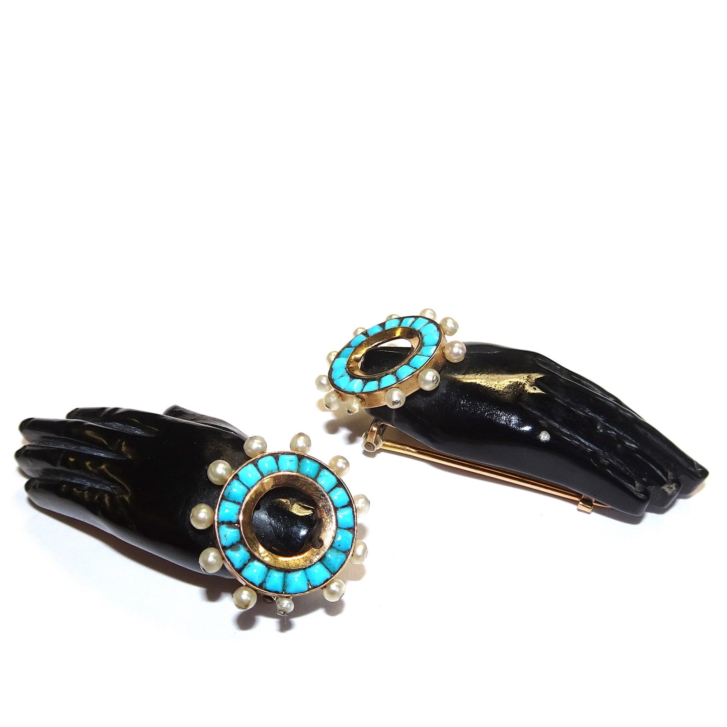 Rene Boivin French 1930s 18KT Yellow Gold Black Coral, Natural Pearl & Turquoise Hand Brooches side