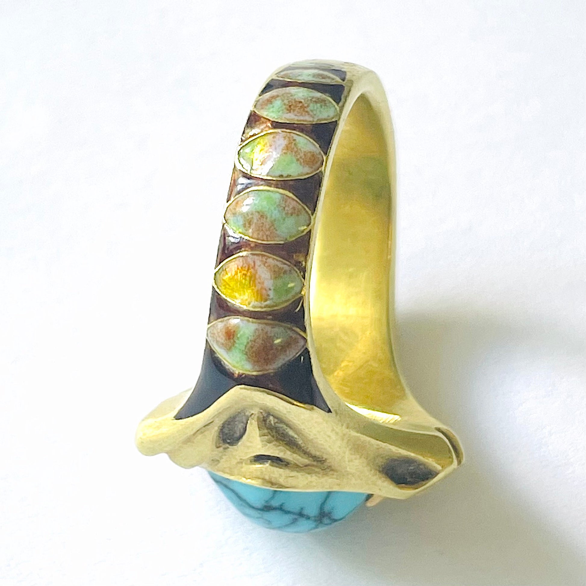 Lucien Galliard Art Nouveau 18KT Yellow Gold Turquoise & Enamel Snake Ring side