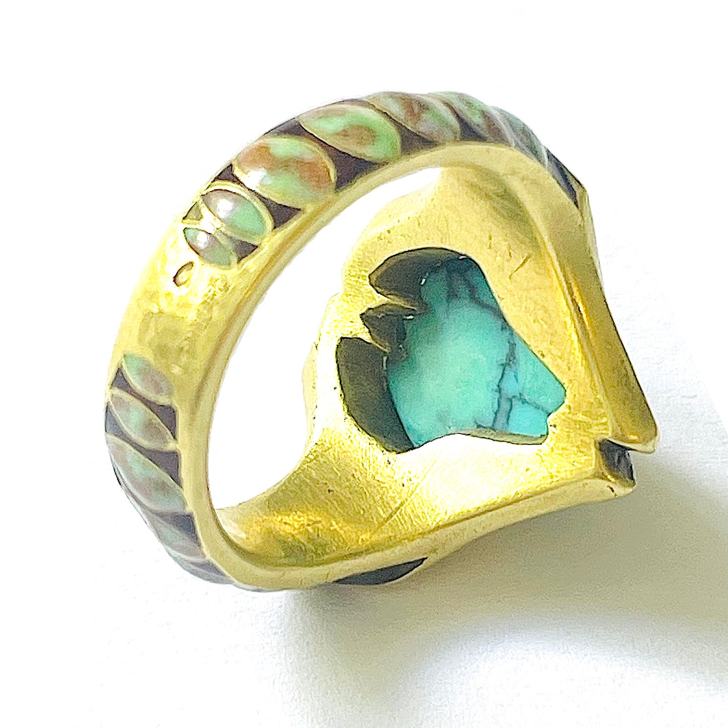 Lucien Galliard Art Nouveau 18KT Yellow Gold Turquoise & Enamel Snake Ring back profile