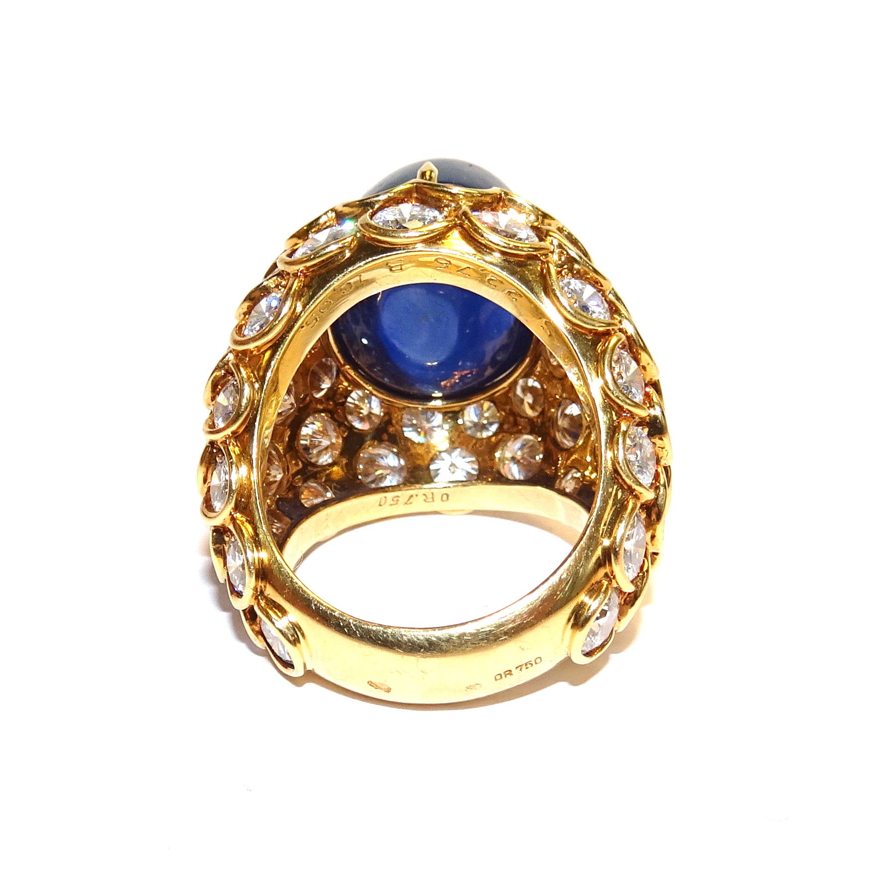French 1960s 18KT Yellow Gold Unheated Blue Sapphire & Diamond Ring back