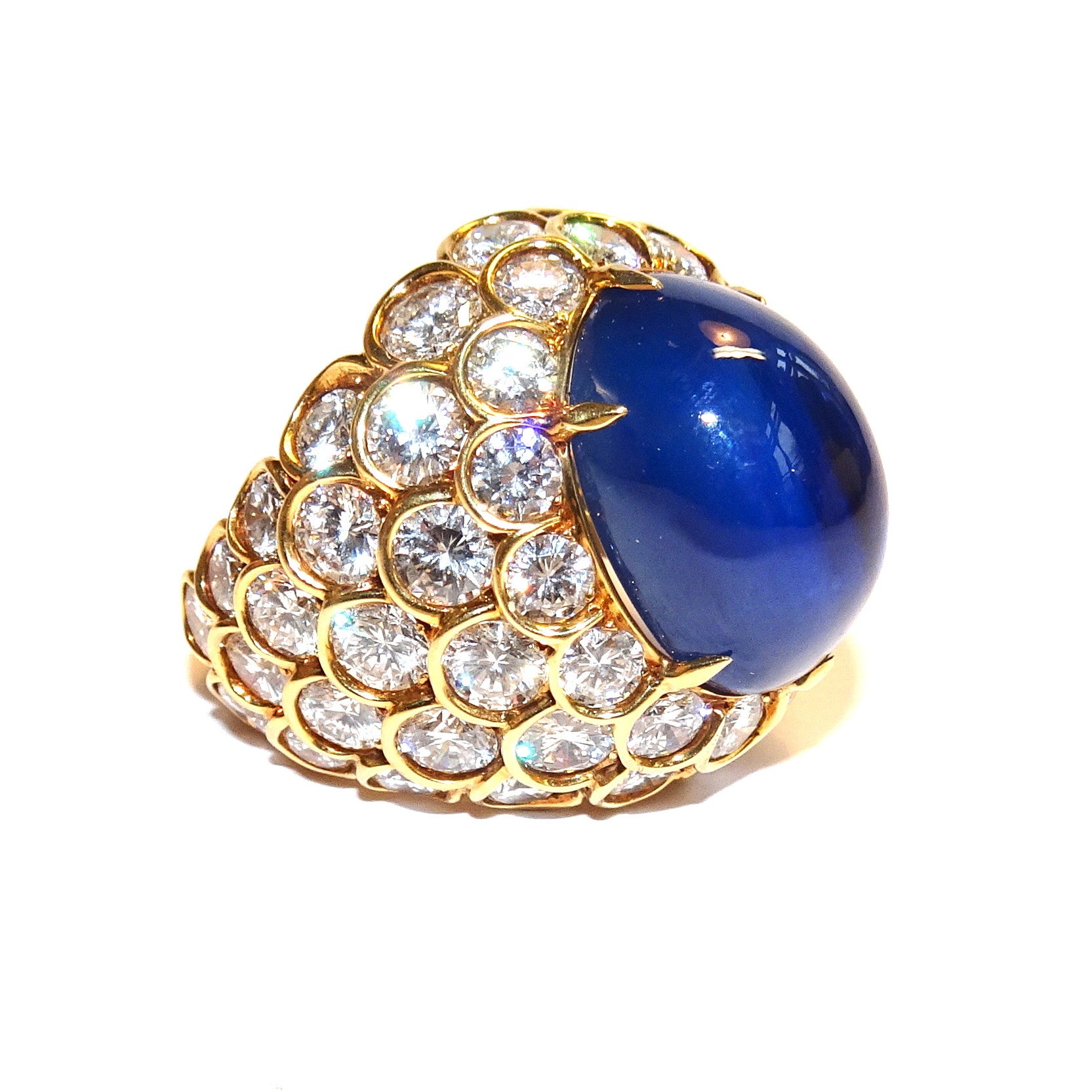 French 1960s 18KT Yellow Gold Unheated Blue Sapphire & Diamond Ring side