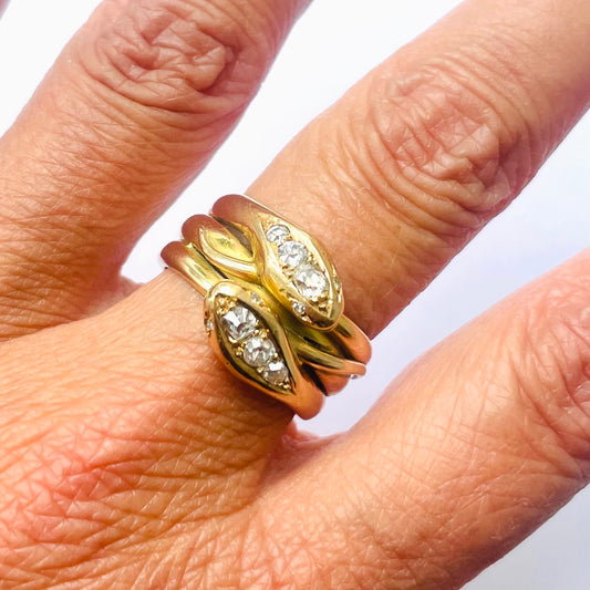 Art Nouveau 18KT Yellow Gold Diamond Snake Ring on finger